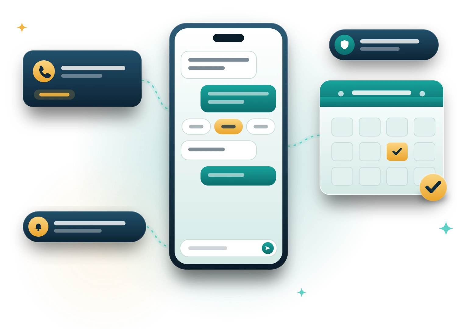 Illustration of a missed call turning into a text conversation and a booked appointment