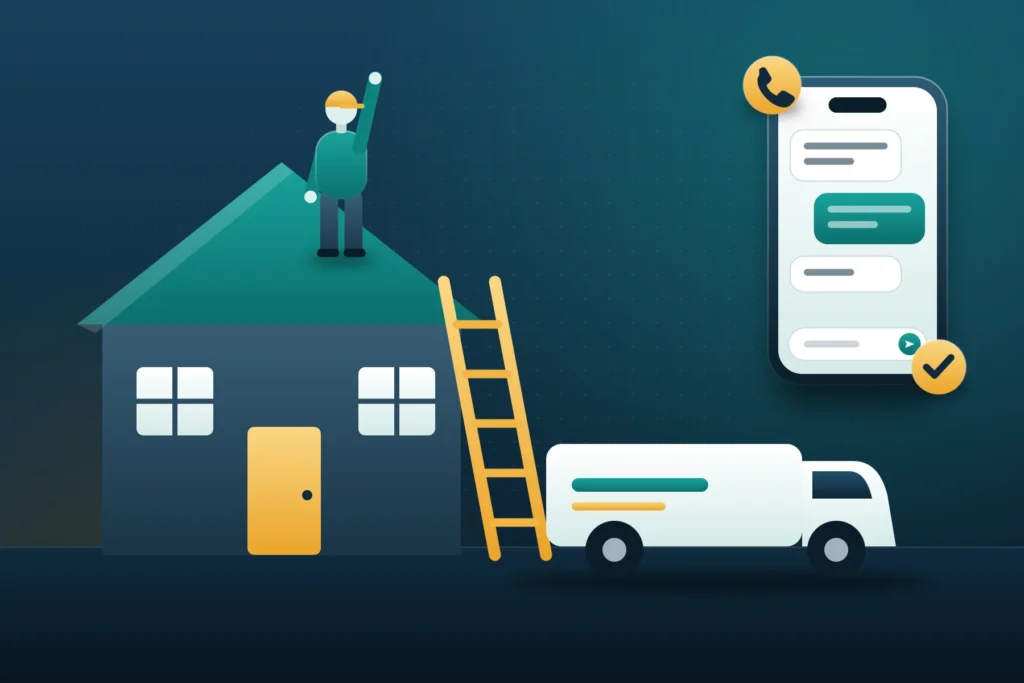 Illustration of a contractor on a roof, a work van, and a missed call answered by text