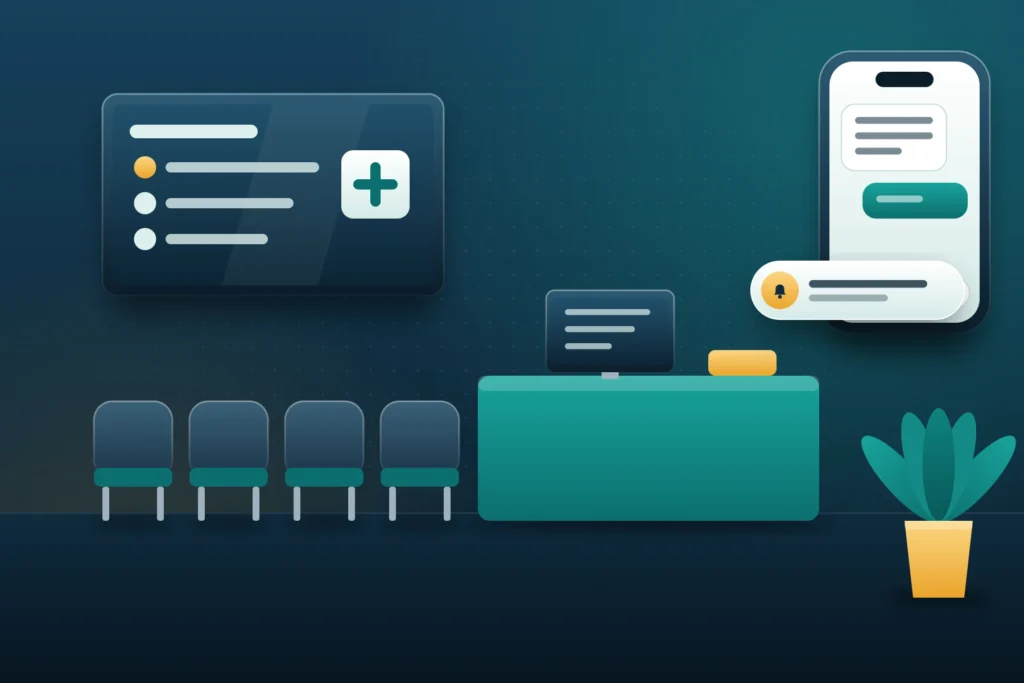 Illustration of a medical office waiting room with a check-in screen and an appointment reminder